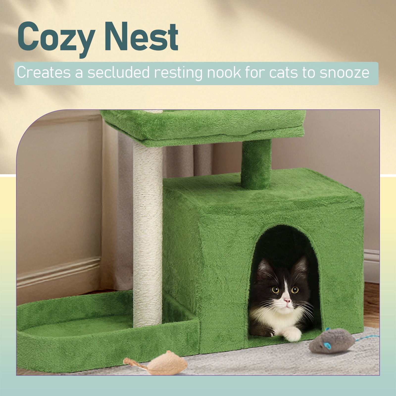 ZephyPaws 36" Multi-Level Cat Tree with Leaf Design, Cat Tower with Scratching Posts, Condo, Plush Beds & Hanging Ball for Indoor Kittens and Cats, Green