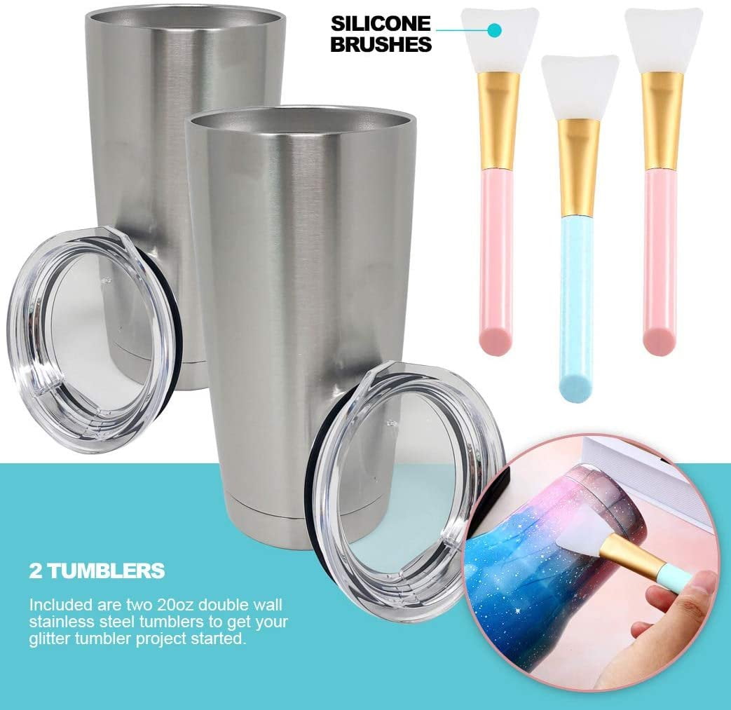 Yaromo Epoxy Glitter Tumbler Full Kits with 2 Combo Cup Turner Silicone Mat and Silicone Epoxy Brushes for Crafts Epoxy Tumbler Bubble Buster Tool 24 Pieces Glitter Powder