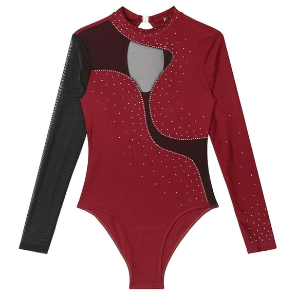 Miutii Womens Sheer Mesh Long Sleeve Gymnastics Leotards Bodysuit Sequined Ballet Jumpsuit Dancewear Burgundy S