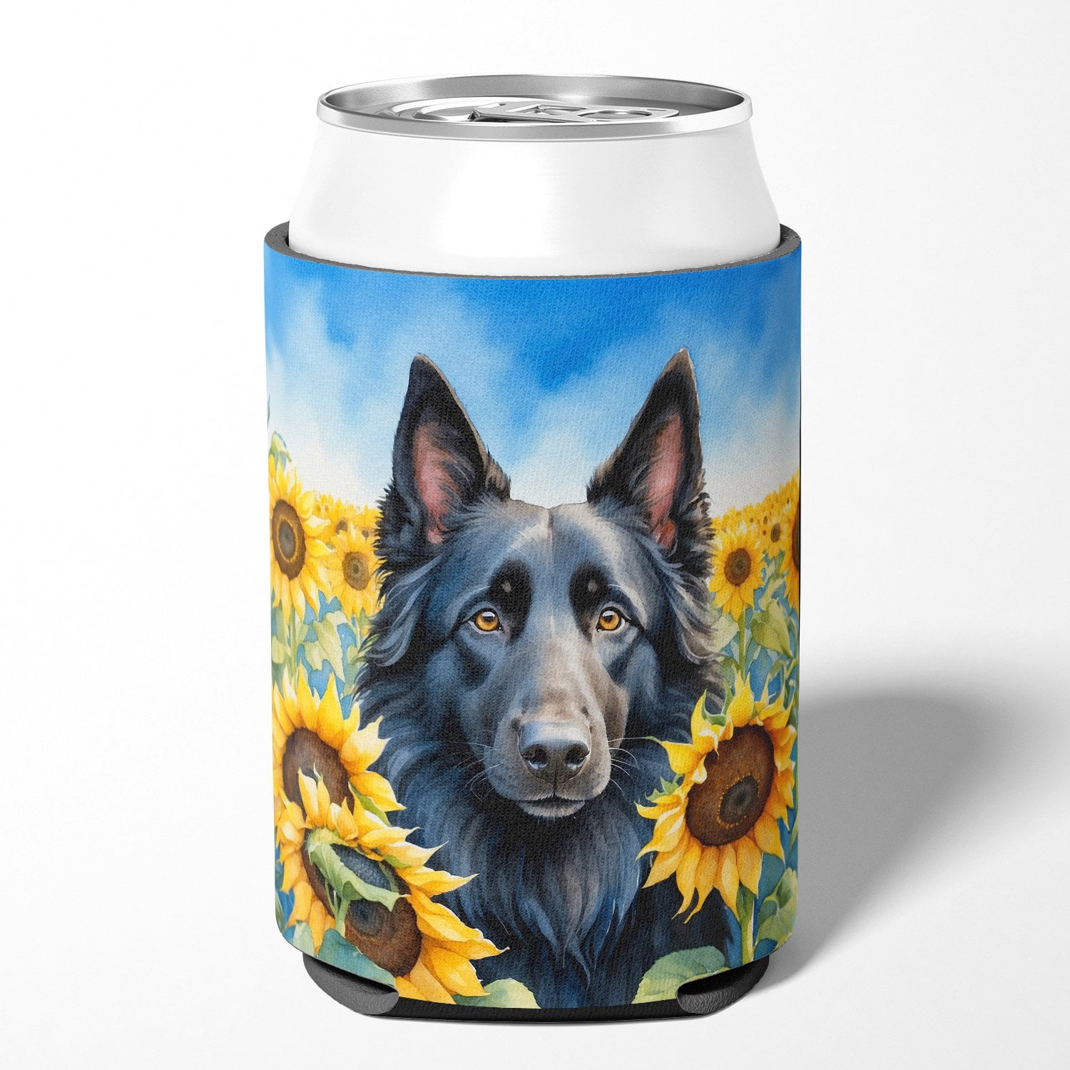 Belgian Sheepdog in Sunflowers Can or Bottle Hugger 3 in x 5 in