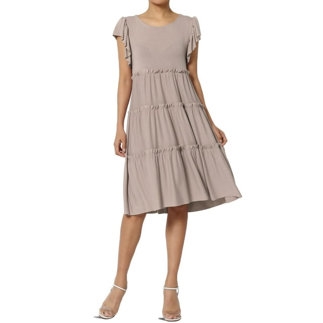 TheMoogan Women's PLUS Flutter Ruffle Cap Sleeve Tiered Jersey Babydoll A-Line Midi Day Dress
