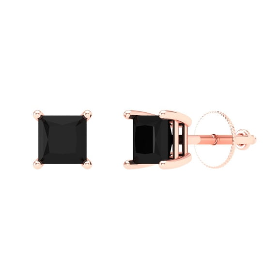1 ct Screw-Back Stud Earrings for Women | 4.5mm Princess Cut Natural Onyx | 18K Rose Gold