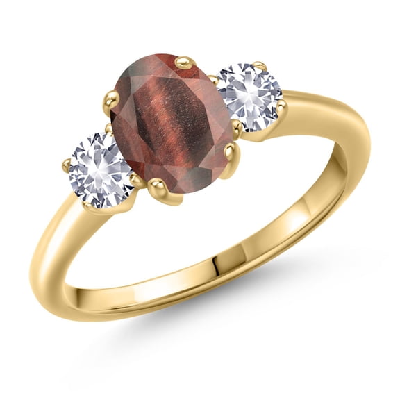 Gem Stone King 1.75 Ct Red Tiger Eye White Created Sapphire 18K Yellow Gold Plated Silver Ring