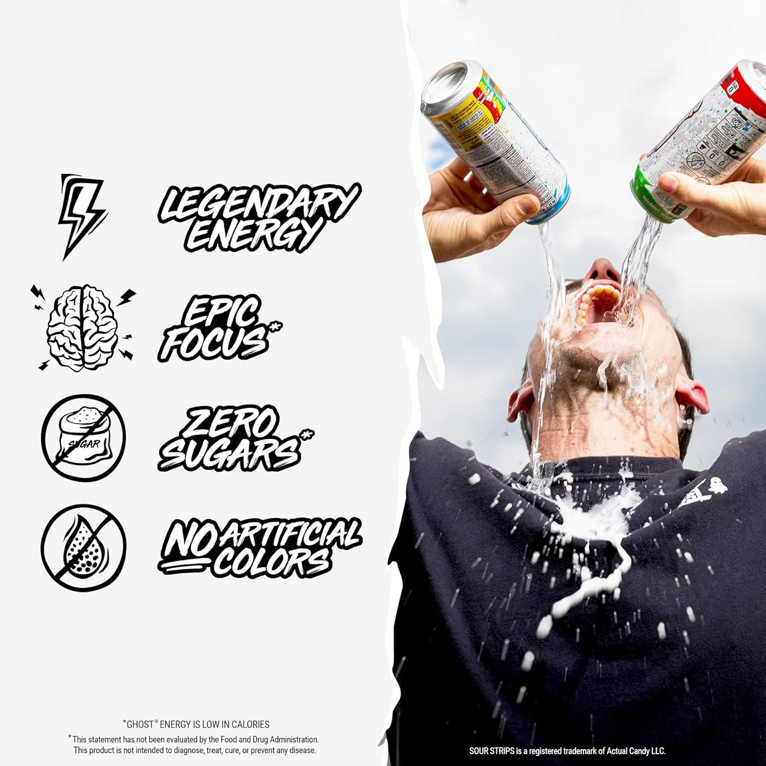GHOST Zero Sugar Energy Drink, Sour Strips Rainbow, 16 fl oz Can, 12 Pk