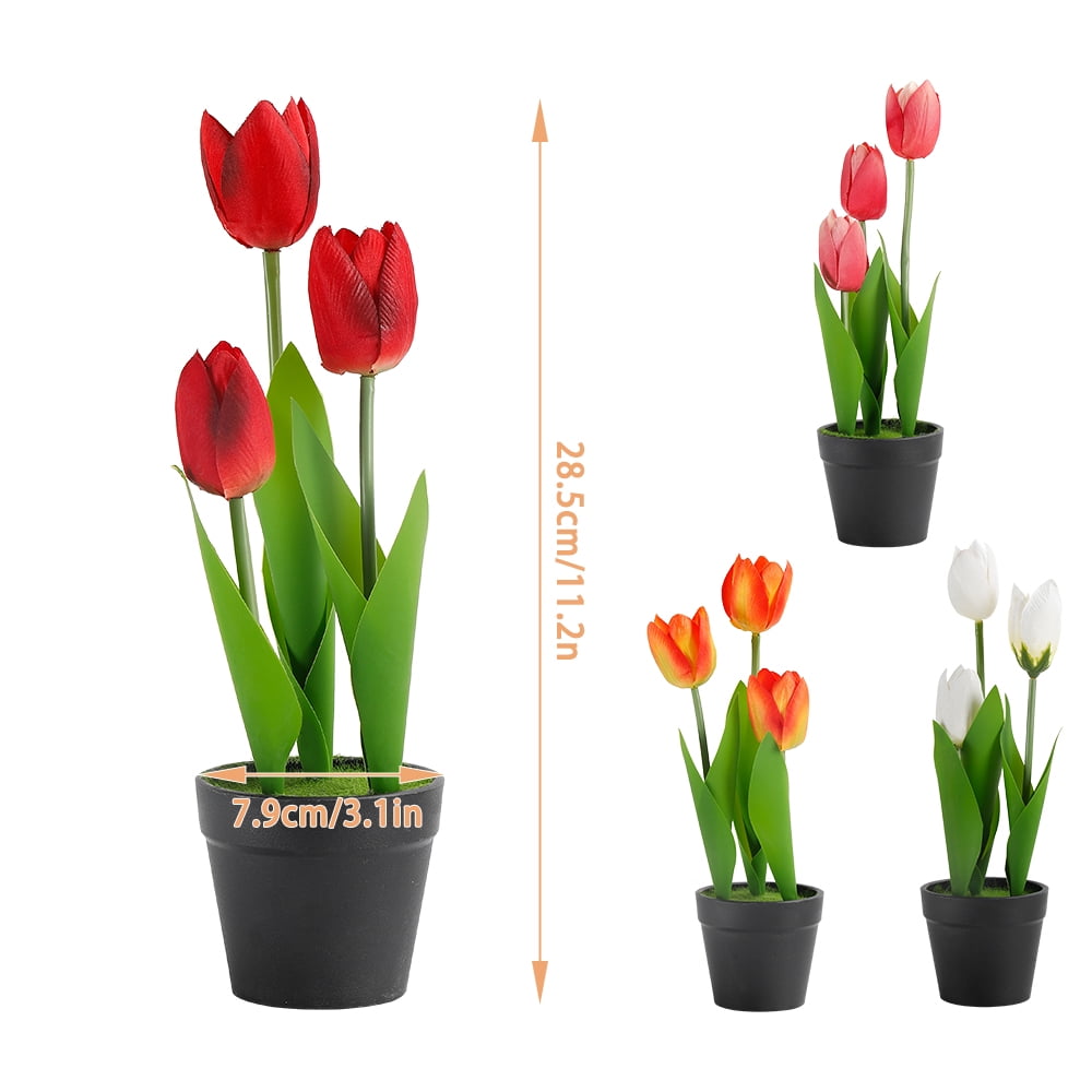 4-pcs Faux Tulip Decoration with Clay Plastic Pot 11.2 Inch Small Tulip Center Ornament Fake Potted Flowers Suitable for Shelf Tables Centerpiece Wedding Home Decoration