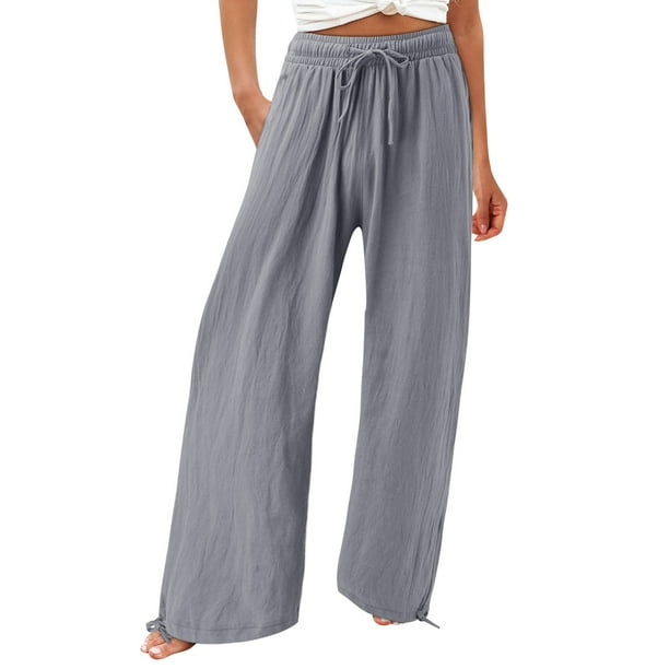 Pantalones holgados de algodón para mujer: pantalones de cintura alta con cordón, 90 % algodón/10 % poliéster, trabajo/ocio, todas las estaciones