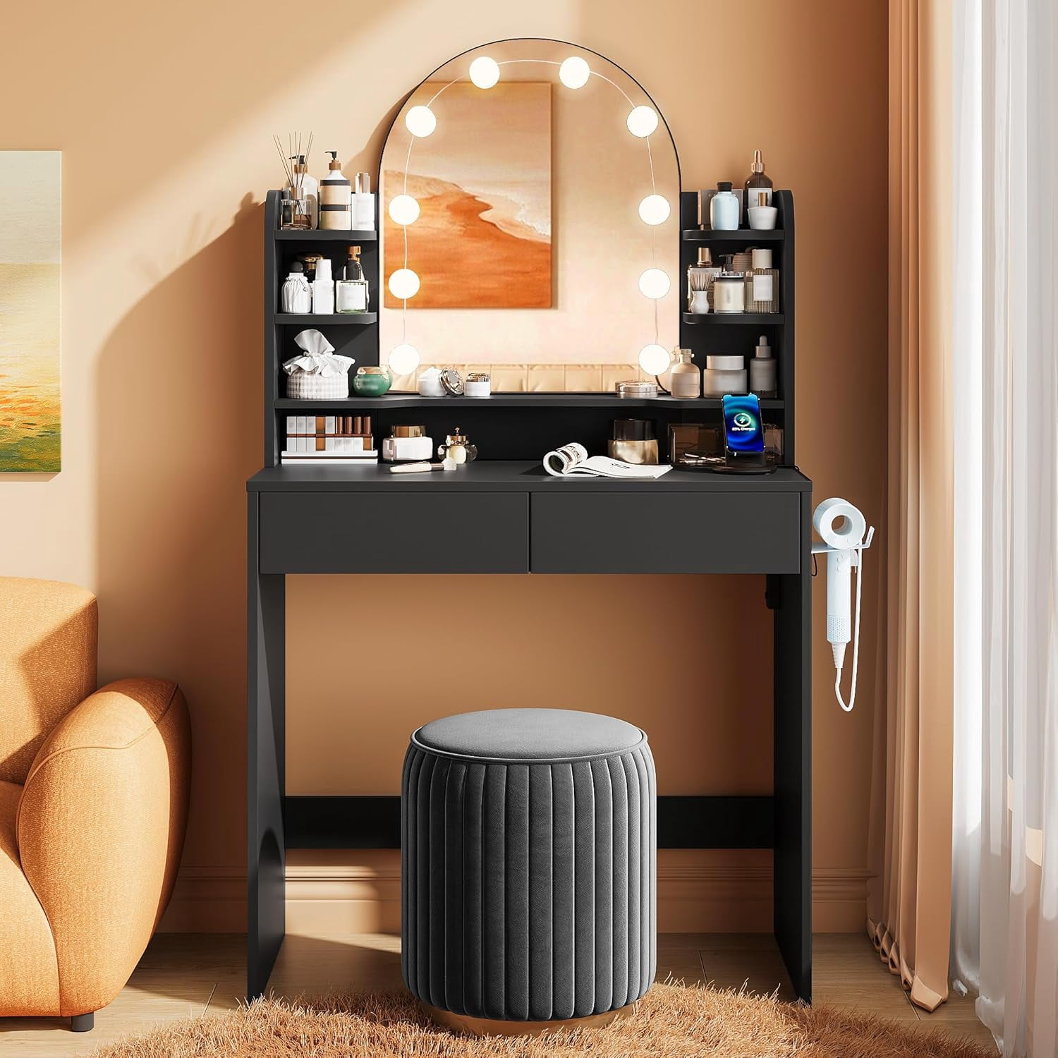 Pipleo  32" Lighted Mirror Vanity Desk with Power Outlet, Small Makeup Table with 2 Drawers & 6 Shelves, Black Vanity for Bedroom, Small Spaces, Easy Assembly