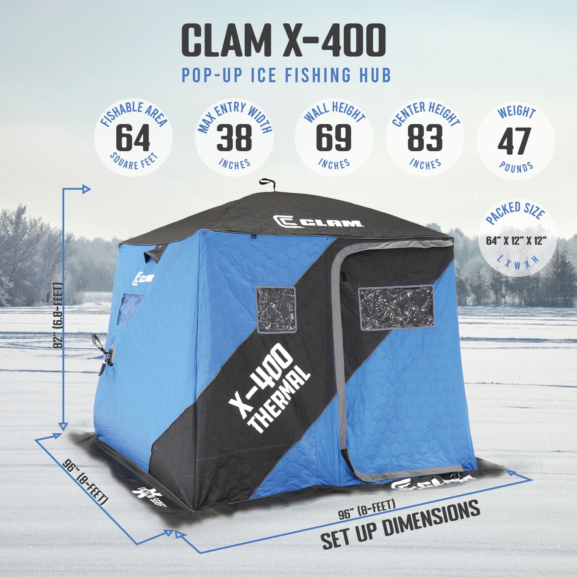 CLAM X-400 Portable 4 Person 8' Pop Up Ice Fishing Thermal Hub Shelter Tent