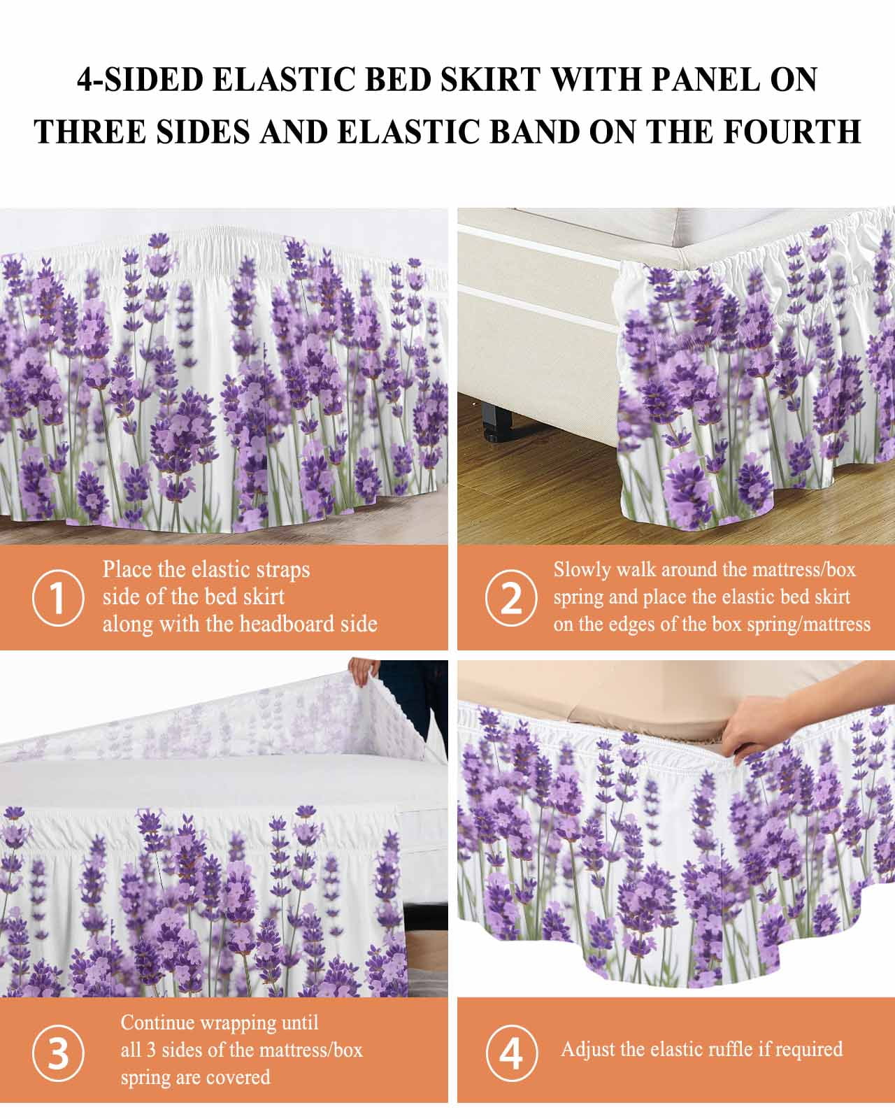 Purple Lavender Wrap Around Bed Skirts for King Bed 16" Drop,Bed Skirt with Adjustable Elastic Belt Dust Ruffle Bed Valance for Bedroom Hotel Farmhouse Pastoral Botanical Floral Bed Frame Cover