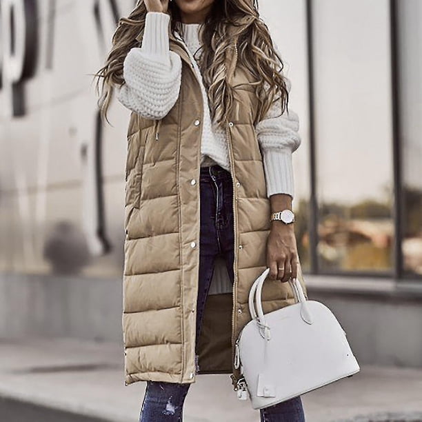 Chaleco acolchado de longitud media con capucha para mujer, bolsillo sin mangas Et -yoguXL