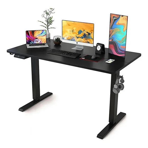 Escritorio eléctrico elevable 140x60 cm Negro, altura ajustable, mesa ergonómica con memoria de altura, gancho para audífonos y portavasos