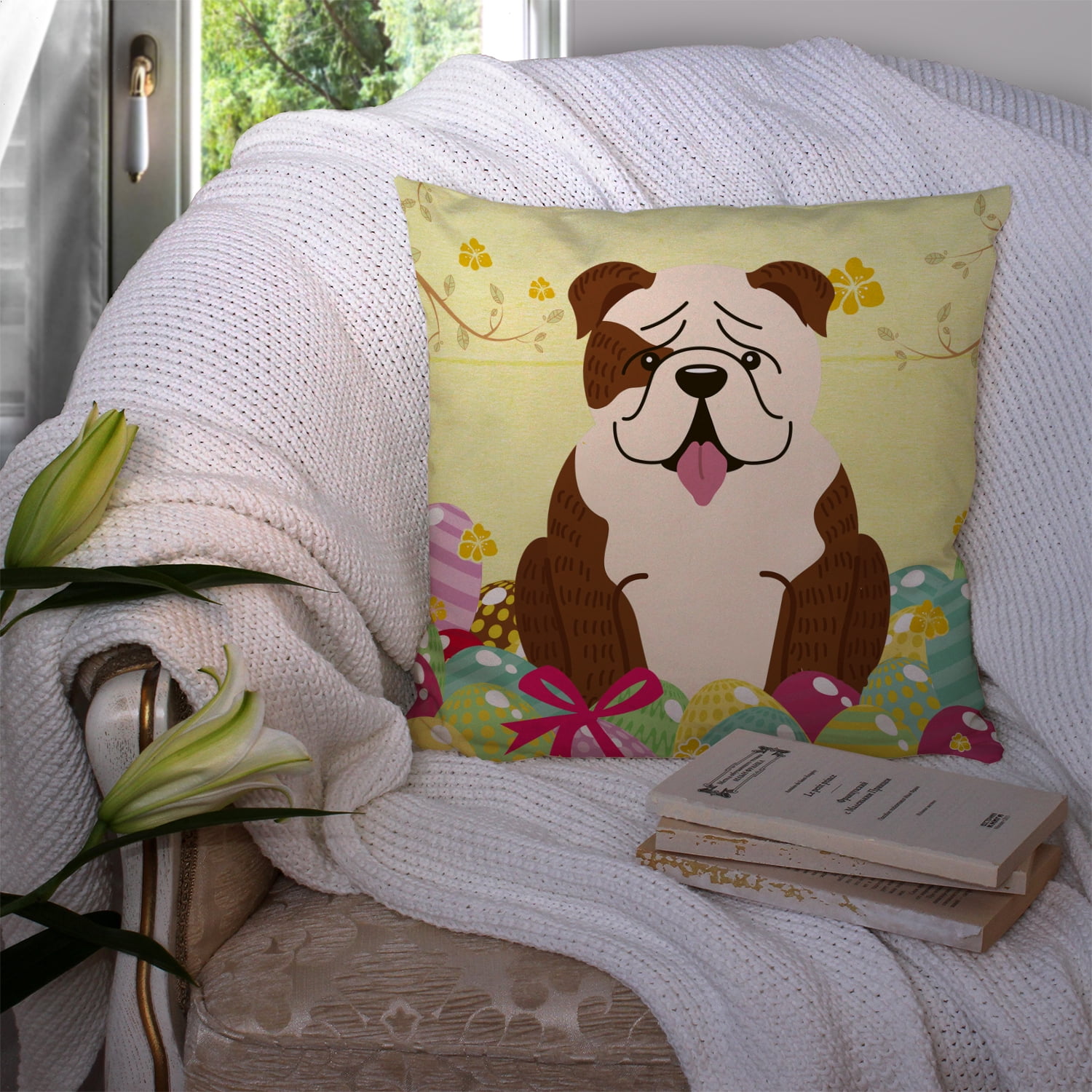 Carolines Treasures BB6121PW1414 Easter Eggs English Bulldog Brindle White Fabric Decorative Pillow