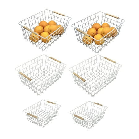 Evelots Wire Storage Baskets with Wood Handles-Pack of 6-Kitchen Cabinet, Pantry Shelf Organization, or Bathroom Metal Basket-Refrigerator/Freezer Organizer Bins-White