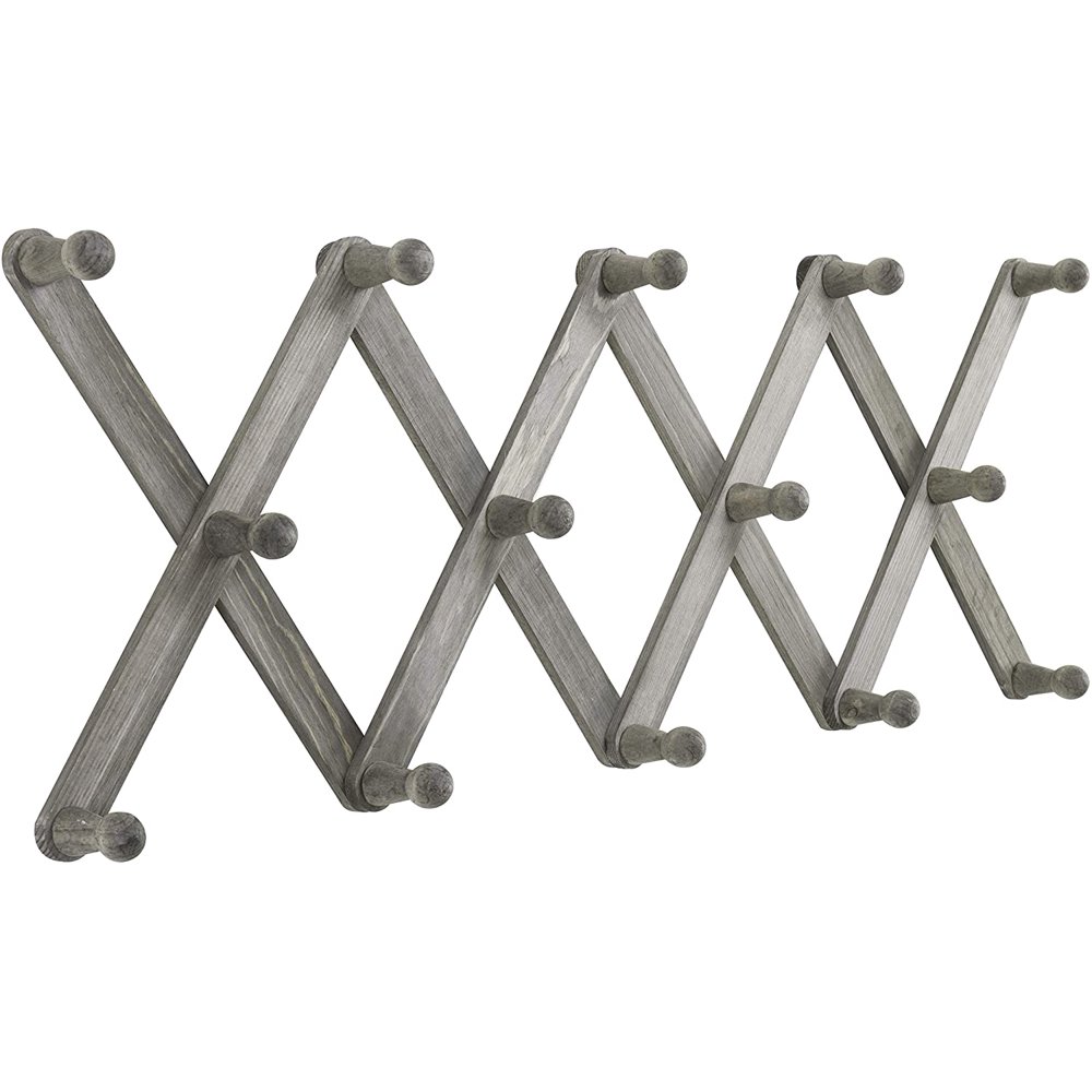MyGift 14 Hook Vintage Gray Wood Wall Mounted Coat Hooks, Expandable