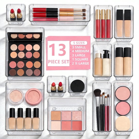YHIPL Makeup Drawer Organizer 13 Pcs Set, Plastic Trays for Makeup, Desk Supplies, Office, Bedroom & Bathroom