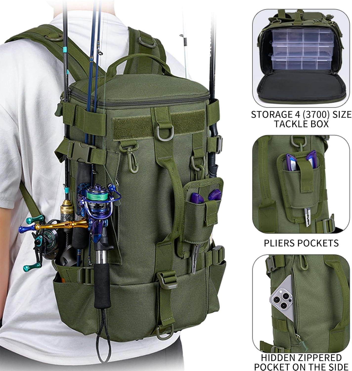 Fishing Backpack Tackle Bag, Kvago Fishing Bag Shoulder Bag with Rod Holders, Storage Bag for Outdoor Activities, Fishing, Camping, Hiking, Cycling (8.27 x 6.69 x 16.93 in, Green)