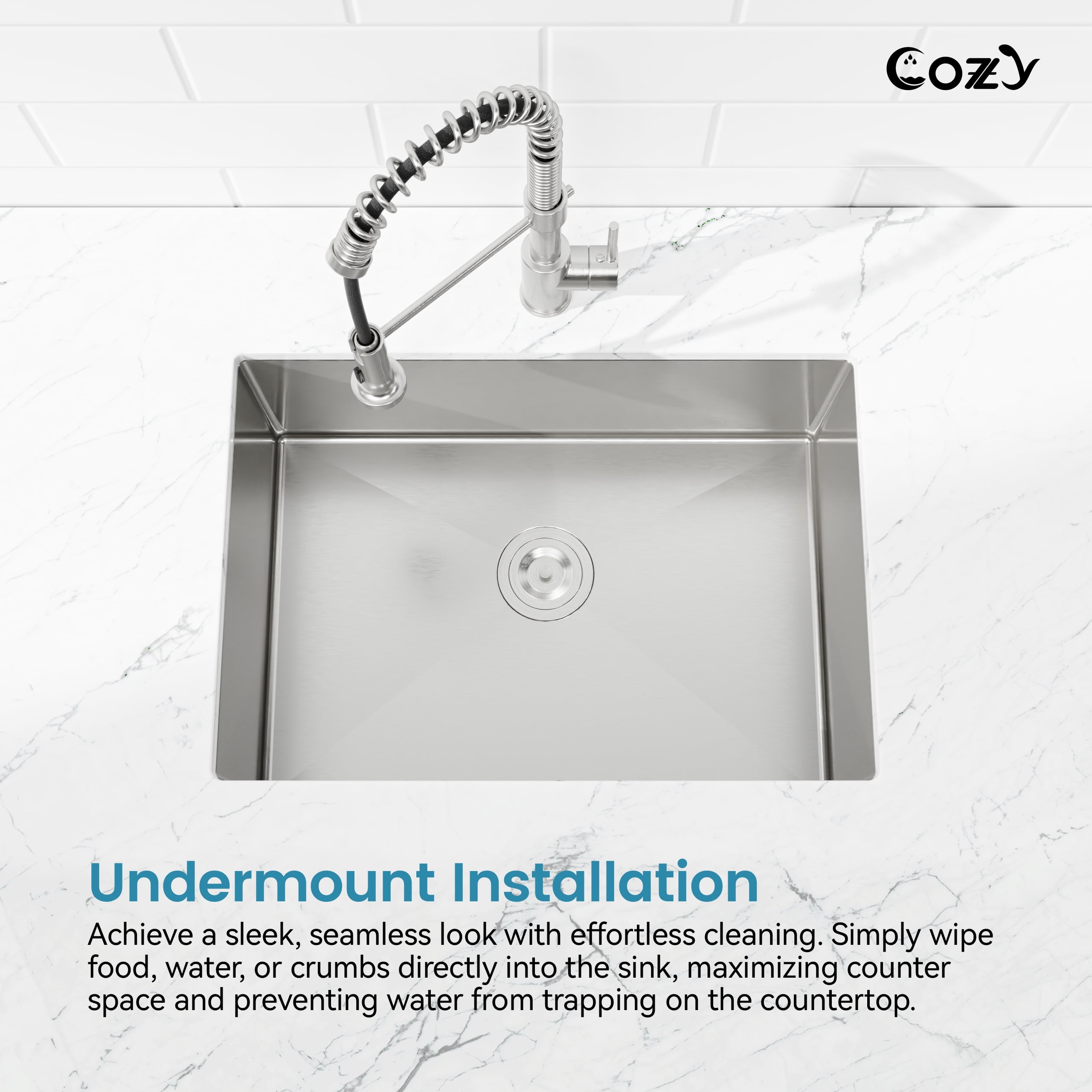 27″x19″ Stainless Steel Kitchen Sink, Single Bowl, Undermount Handmade Sink in Brushed Nickel, with US Standard Drain and Hook, SS-BR04D-271908