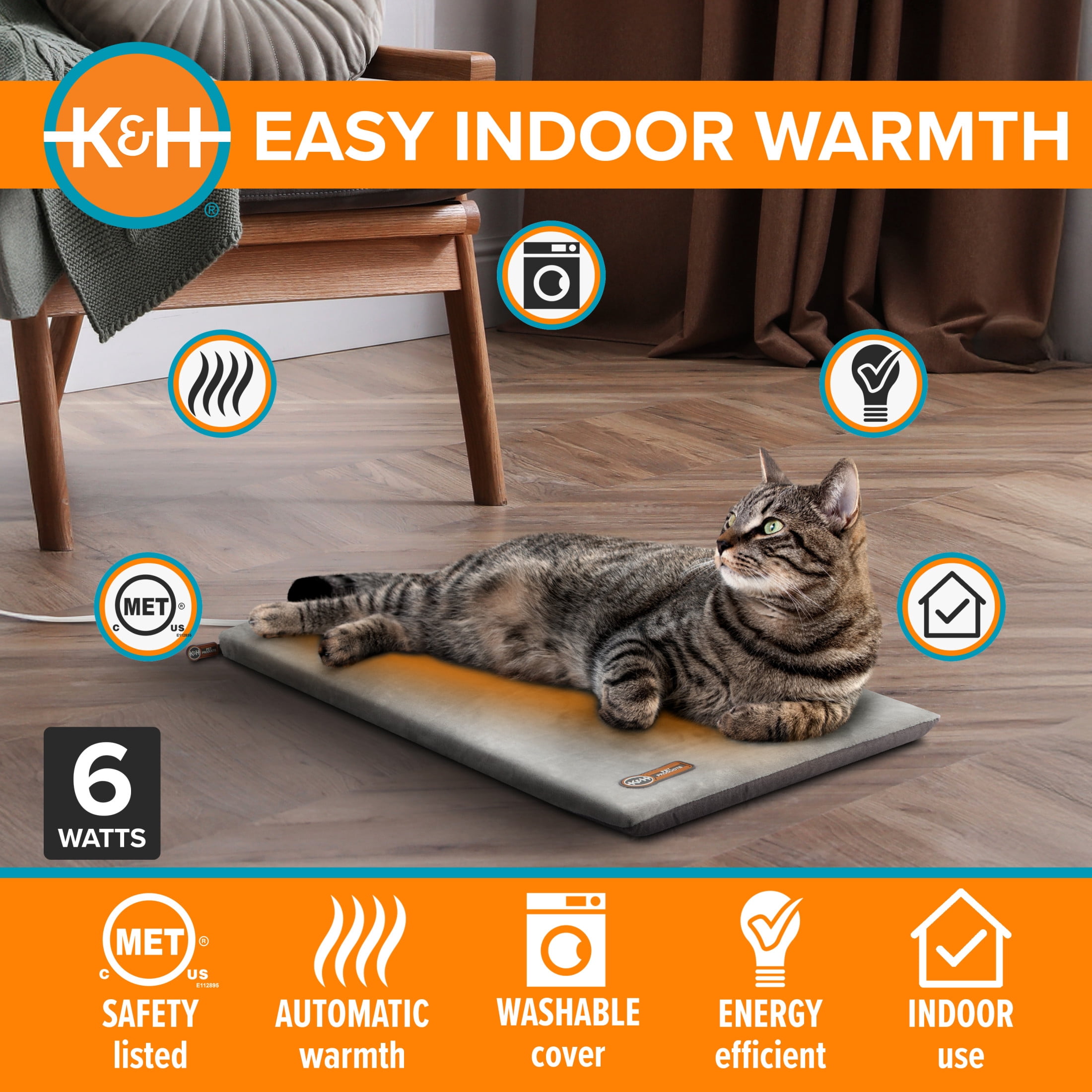 K&H Pet Products Thermo-Kitty Mat Heated Cat Bed Gray 12.5 X 25 Inches