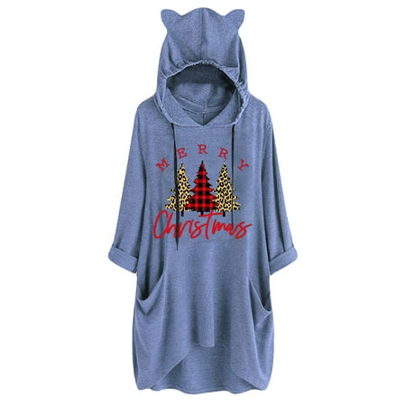 

TWZH Women Merry Christmas Plaid Hooded Top with Pockets