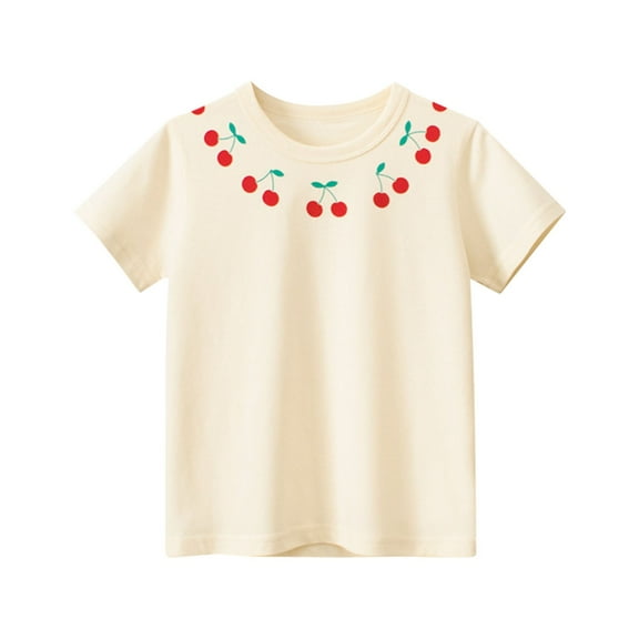 LNMQLPDBS Cute Summer Tops for Girls Cherry Fruit Pattern Printed Short Sleeve Crewneck Basic Layering Tees 6 Year Old Girl Birthday Gift Girls' Tops, Tees & Blouses Beige 12-18 Months