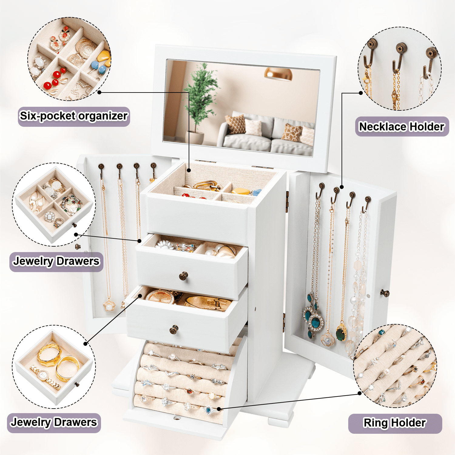 Sfugno Wooden Jewelry Box, Rustic Jewelry Organizer with Mirror