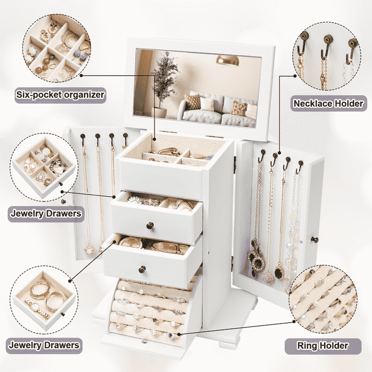 Sfugno Wooden Jewelry Box, Rustic Jewelry Organizer with Mirror