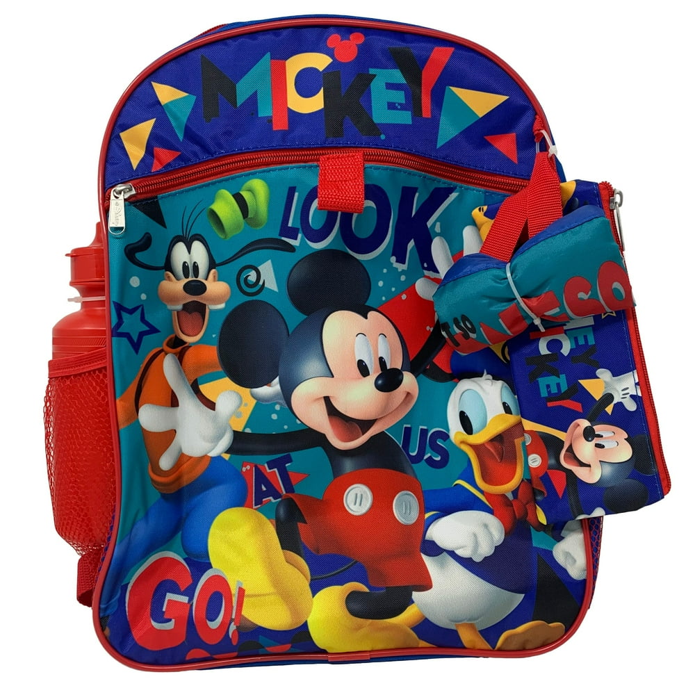 Licensed Mickey Mouse 5pc Backpack Set Lunch Bag, Pencil Case, Water