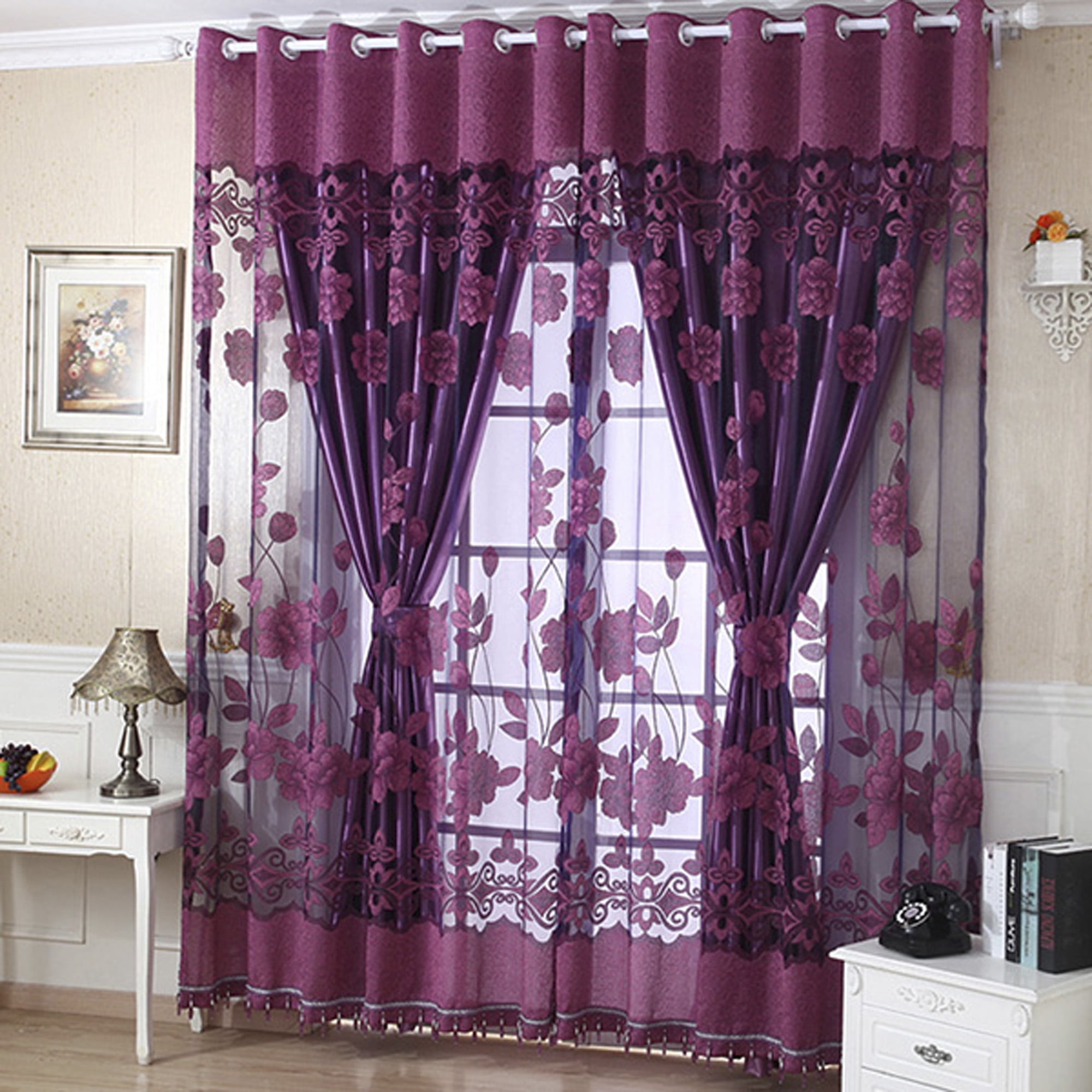 Living Room Curtains Floral Tulle Door Window Curtain Drape Panel Sheer Valances