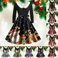 thumbnail image 4 of felwors Women's Christmas Snowman & Winter Scene Print Swing Dress - Faux Fur Collar, Belted Waist Long Sleeve Festive Dress Green, L, 4 of 6