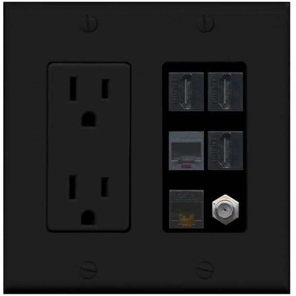 Ultra Spec Cables 3 Port HDMI Coax Cat6 Phone Wall Plate w/Power Outlet Black
