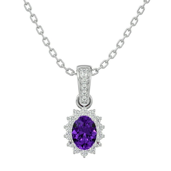 SuperJeweler 1 Carat Oval Shape Amethyst and Diamond Necklace in 14 Karat White Gold, 18 inches for Women