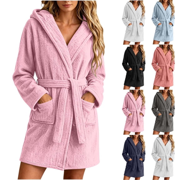 ZUBKTES Robes For Women Hooded Fleece Robe, Long Plush Bathrobe with Pockets and Belt Tie