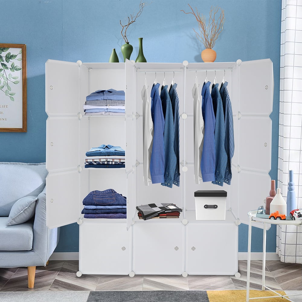 12-Cube Storage Organizer Stackable White Modular Shelves with Hanging Rod for Home & Office Organization
