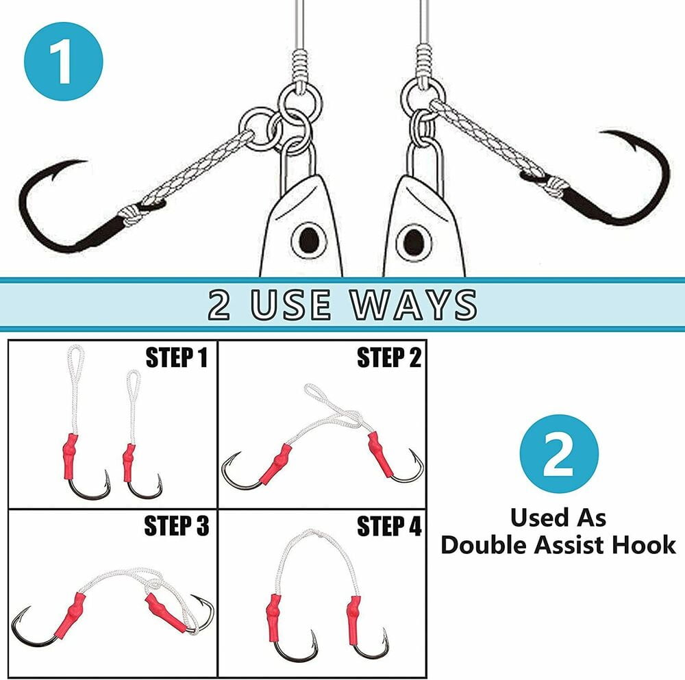 50PCS Stainless Steel Assist Hooks Jigging Fishing Hook with PE Line 1/0-10/0