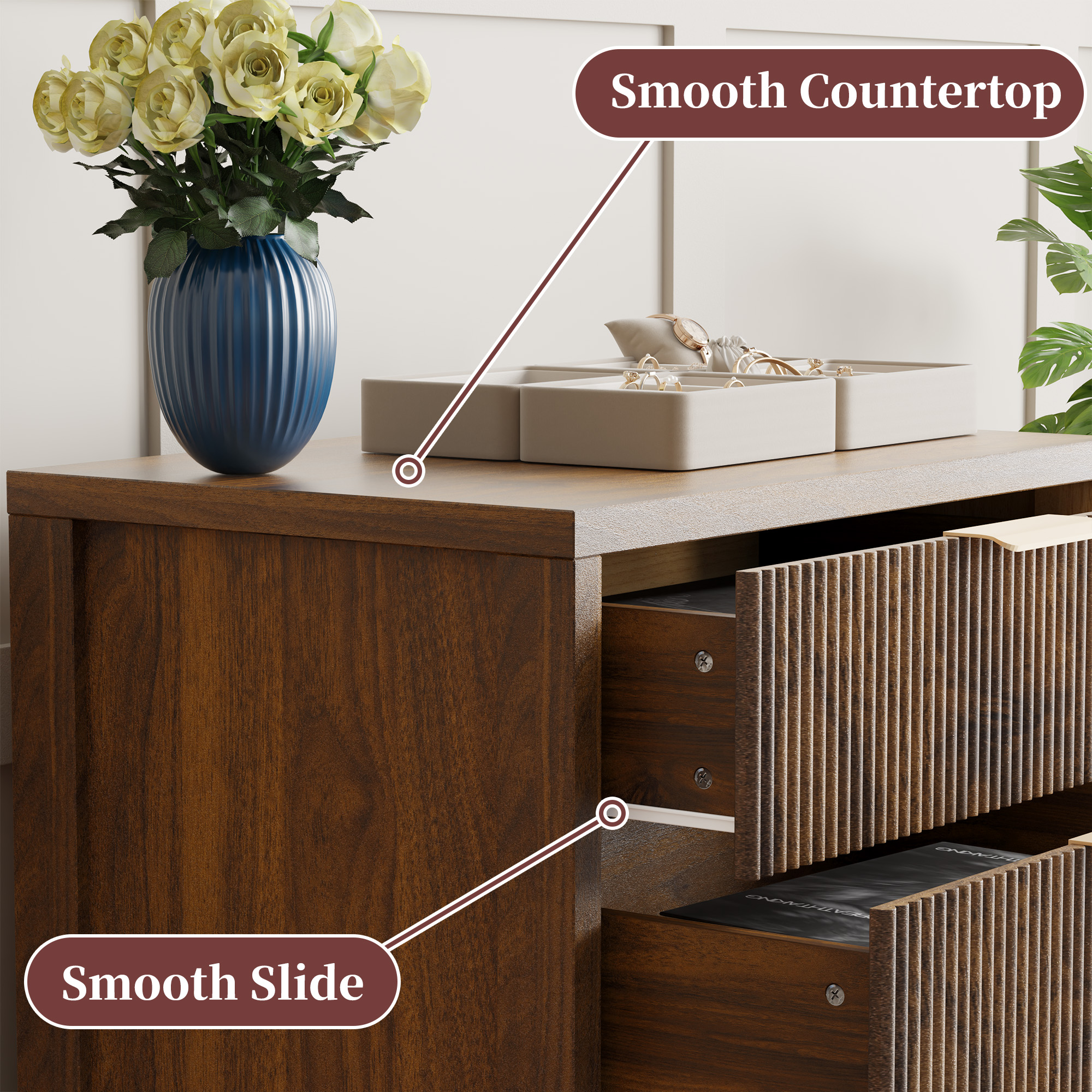 Fluted Nightstand Set of 2 with 3 Drawers, Mid-Century Modern Bedside Table, 23.7'' Wide Wood End Table for Bedroom, Walnut Finish