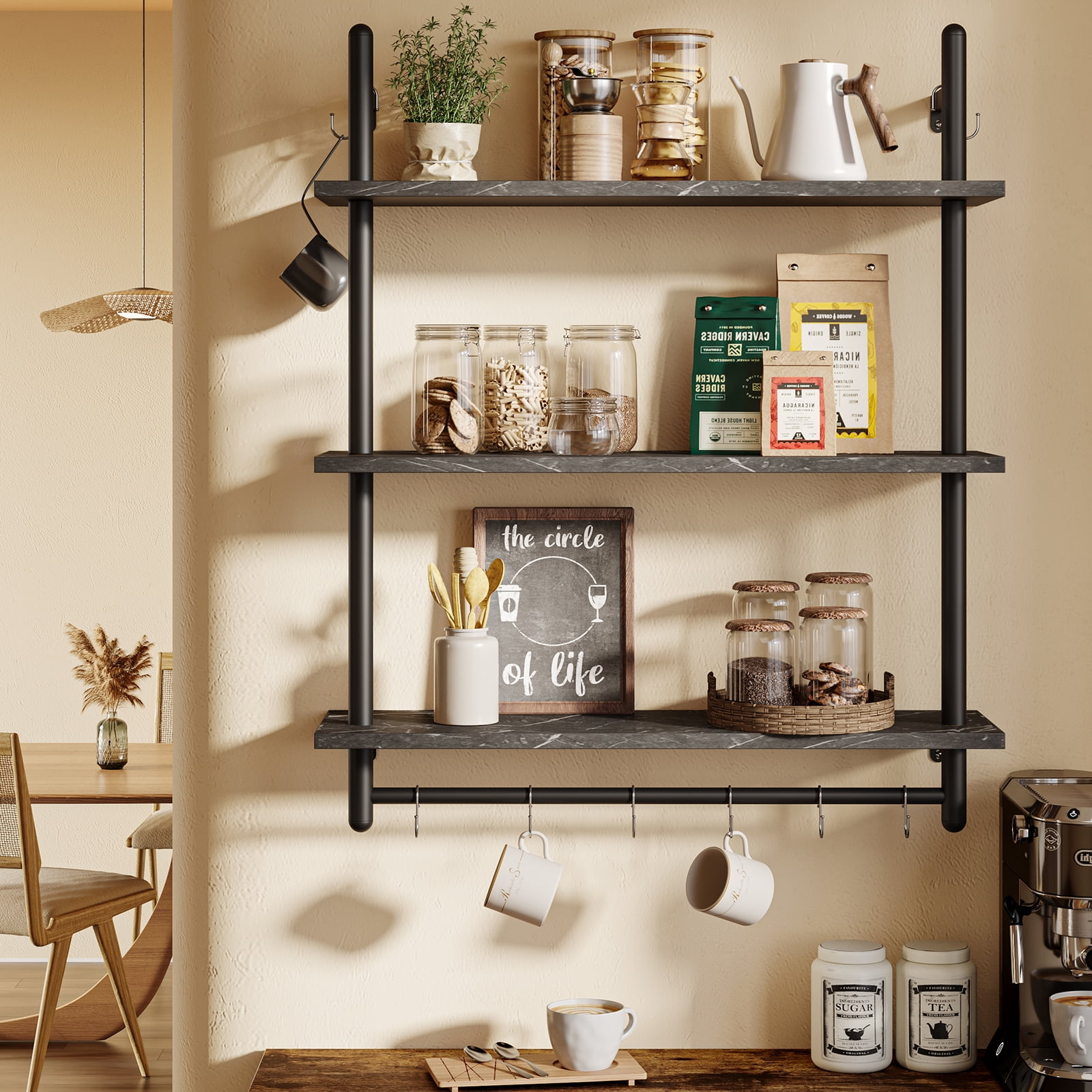 Bestier 31" Kitchen Wall Shelves 3-Tier Floating Shelves for Bathroom, Bedroom, Living Room, Black Marble