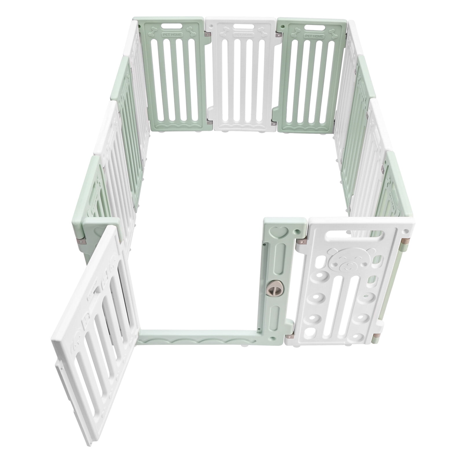 11 Panels Pet Barrier, Dog Playpen with Door, HDPE, Pet Safety Fence for Indoor, Green and White