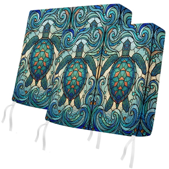 Outdoor Patio Cushion Covers 2 Pack Teal Blue Sea Turtle Chair Cushion Seat Pads with Ties & Zipper Waterproof Shiny Ocean Waves Stained Glass Chair Slipcovers for Outdoor Furniture Couch 20x18 Inch