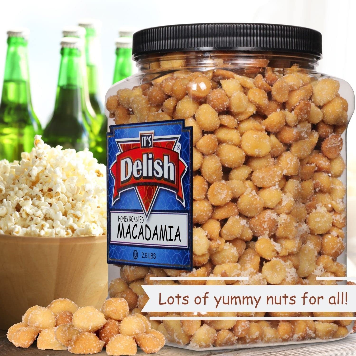 Honey Roasted Macadamia by It's Delish, 2.6 LBS Reusable Jumbo Container  Gourmet Macadamia Nuts in Honey Sugar Coating, Sweet & Heart Healthy Salted Nut, Kids Snack - Non-Dairy, Kosher Parve
