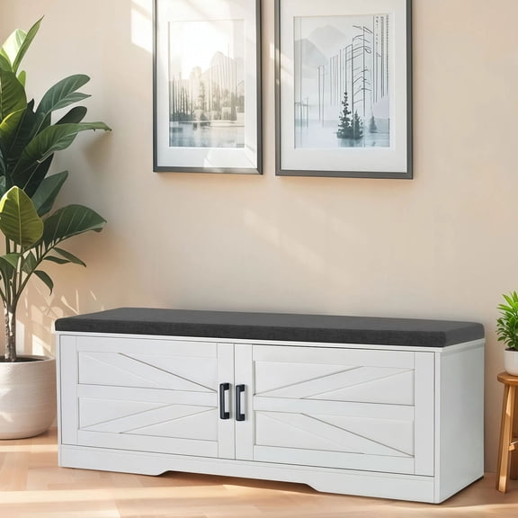Storage Bench In White With Padded Seat Cushion, 2 Barn Doors & Adjustable Shelves For Entryway And Living Room