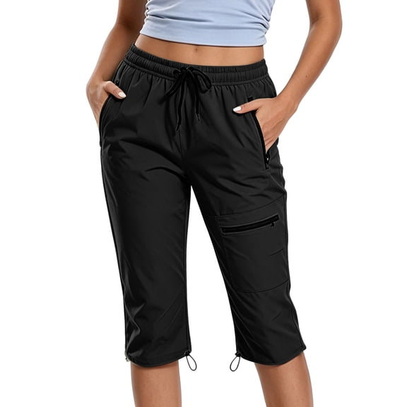 cocolona Womens Summer Casual Drying Cargo Capri Pants Elastic Waist Drawstring Straight Outdoor Hiking Cropped Pants with Pockets
