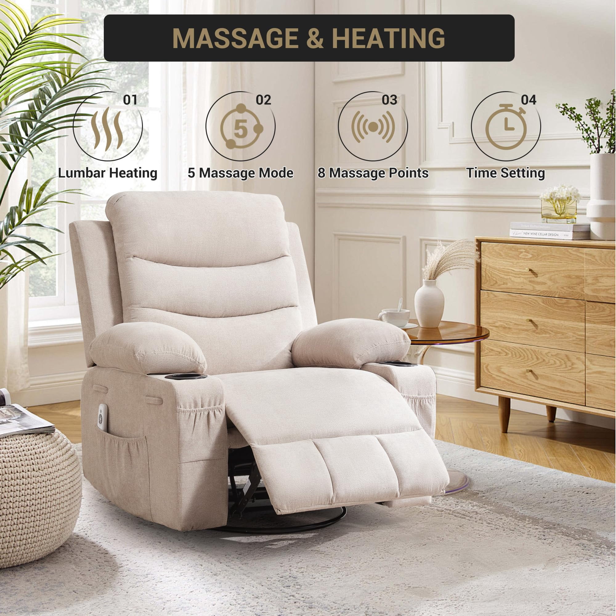 Recliner Chair Nursery, Oversized Manual Reclining Rocking Chair, 360 Swivel Glider with Cup Holder, Massage and Heat Recliner, Indoor Small Single Sofa Chairs for Adults RV Bedroom, Beige/Grey/Brown