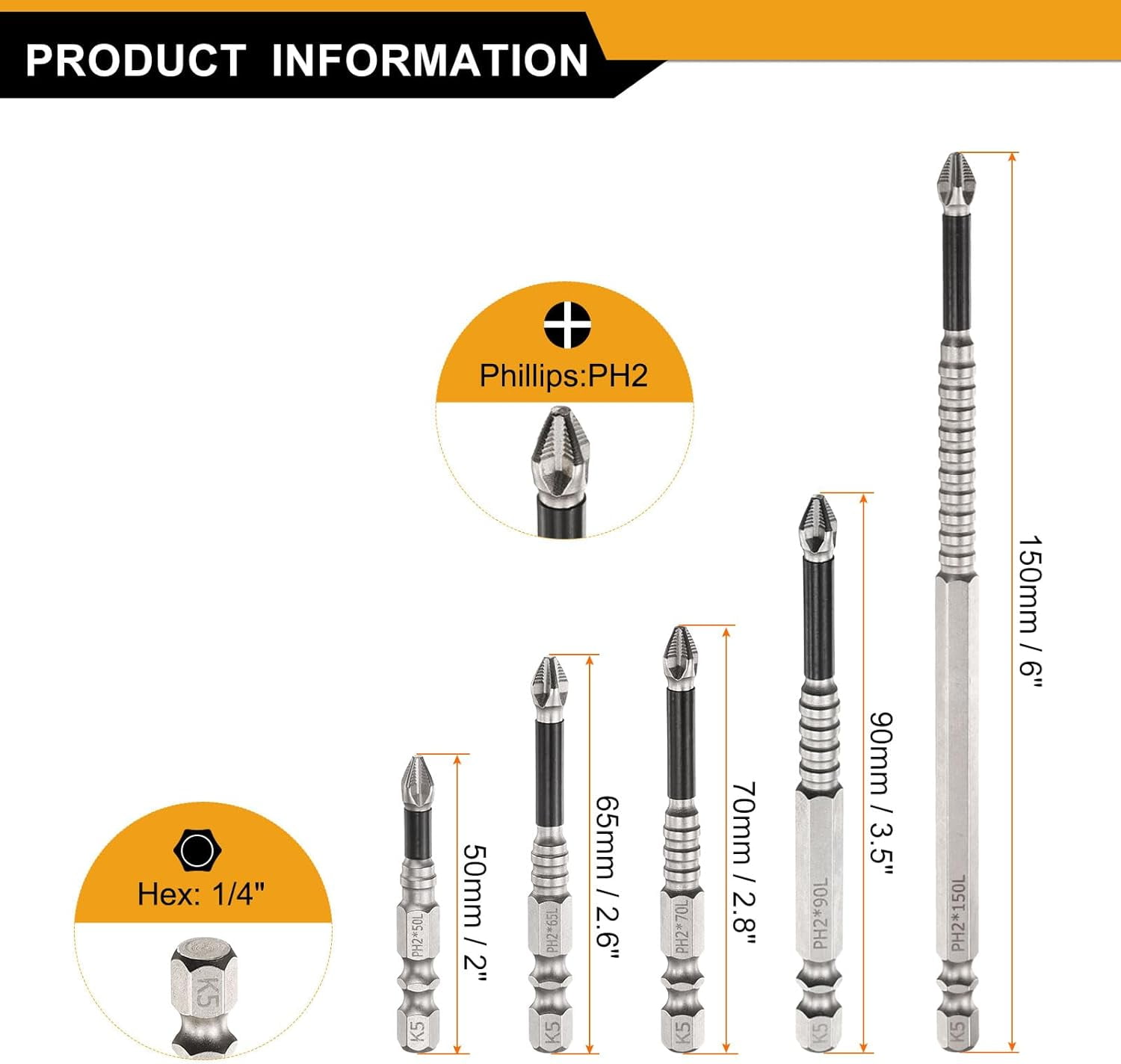 FRKSMD-5pcs Impact Phillips Screwdriver Bit Set PH2 (#2) Anti Slip Tip 1/4" Hex Shank 2"/2.6"/2.8"/3.5"/6" (50mm/65mm/70mm/90mm/150mm) Long Magnetic Cross Screw Driver Drill Bits