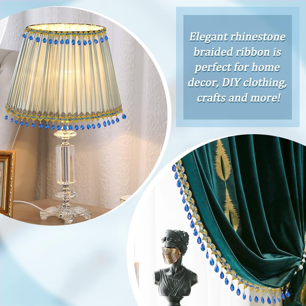 9.8Yards(9m) Hanging Beads Fringe Lace 1.9inch Wide Blue Rhinestone Bead Fringe Trim Polyester Sewing Fringe Tassel Trim by The Yard for Handmade DIY Clothing Curtain Decoration