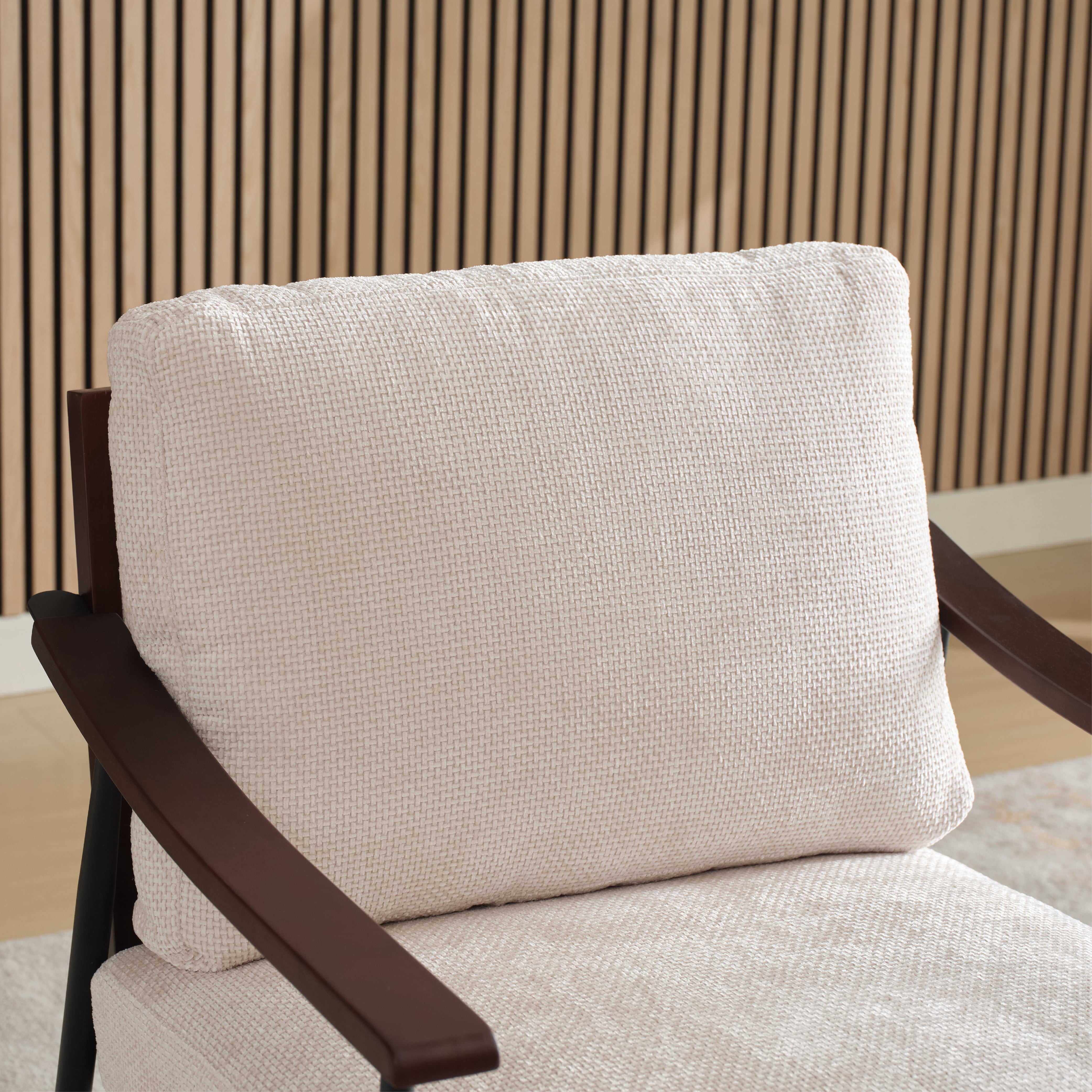 MAYEERTY Modern Accent Chair, Linen Fabric Arm Chair with Wood Armrests, White