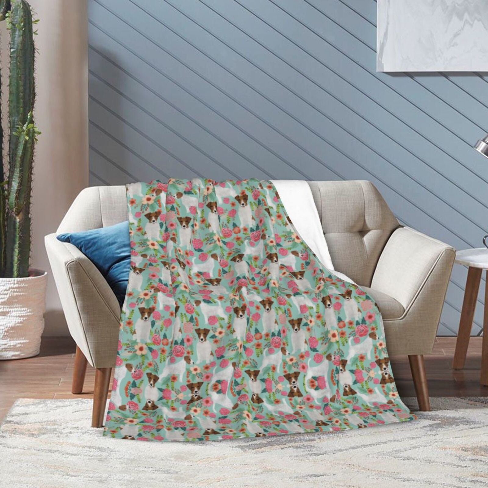 Wijzvio Jack Russell Terrier Dogs Rose Flower Floral Throw Blanket Soft Fuzzy Fleece Blanket For Couch Bed Living Room Decoration 50"X40"