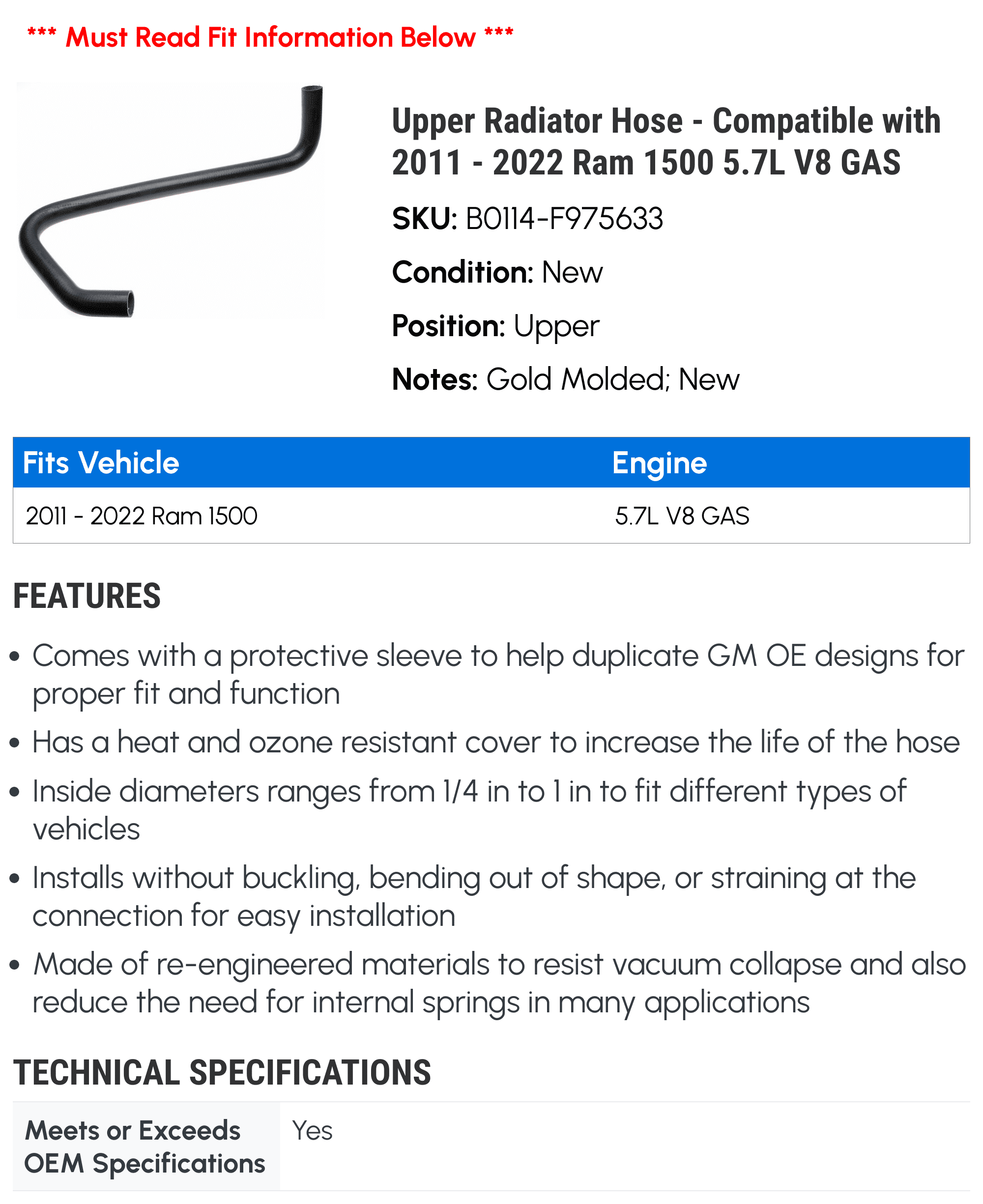 Upper Radiator Hose - Compatible with 2011 - 2022 Ram 1500 5.7L V8 GAS - AC Delco