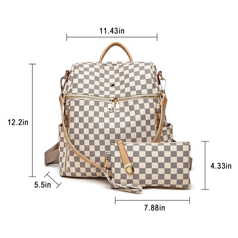 Sexy Dance 2pcs Women Checkered Backpack Purse Leather Anti-Theft Shoulders Bag Tote Handbag Fashion Ladies School Travel Daypack Backpack with with