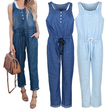 Women Sleeveless Solid Jumpsuit Romper Casual Clubwear Slim Fit Long Pants Outfits Blue S