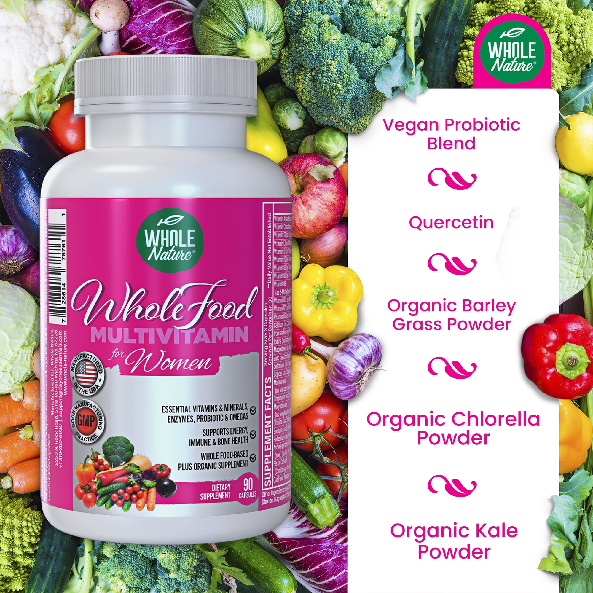 Whole Nature Natural Whole Food Multivitamin Powder with Vitamins, Antioxidants, Probiotics, Gluten Free, 90 Capsules